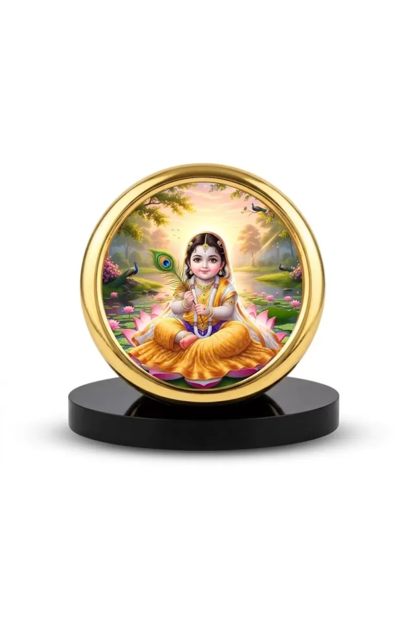 Car Desk/Table Top Radha  Metal Golden Photo Stand  2x2 Inches, Compact & Stylish Spiritual Display For Car, Home & Office (Pack Of 1) (F18644)