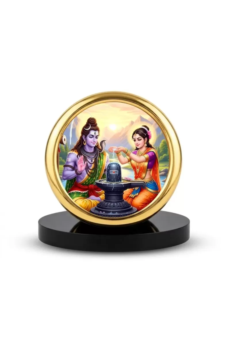 Car Desk/Table Top Lord Shiva Parvathi Metal Golden Photo Stand  2x2 Inches, Compact & Stylish Spiritual Display For Car, Home & Office (Pack Of 1) (F18656)
