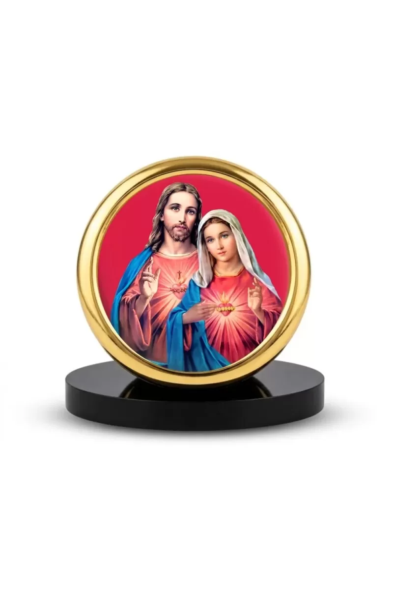Car Desk/Table Top Lord Jesus And Merry Metal Golden Photo Stand  2x2 Inches, Compact & Stylish Spiritual Display For Car, Home & Office (Pack Of 1) (F18659)
