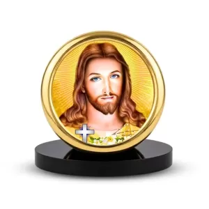 Car Desk/Table Top Lord Jesus  Metal Golden Photo Stand  2x2 Inches, Compact & Stylish Spiritual Display For Car, Home & Office (Pack Of 1) (F18660)