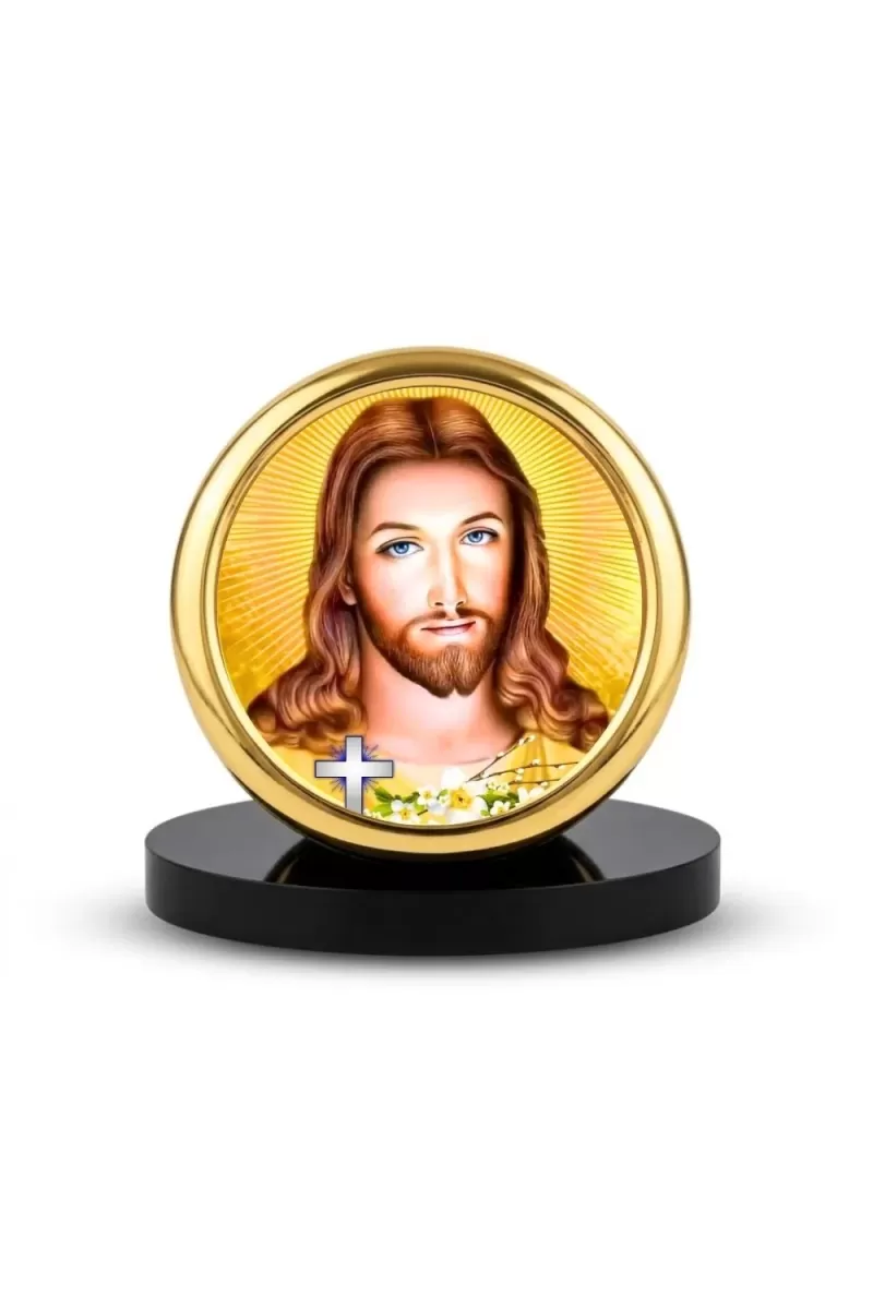 Car Desk/Table Top Lord Jesus  Metal Golden Photo Stand  2x2 Inches, Compact & Stylish Spiritual Display For Car, Home & Office (Pack Of 1) (F18660)