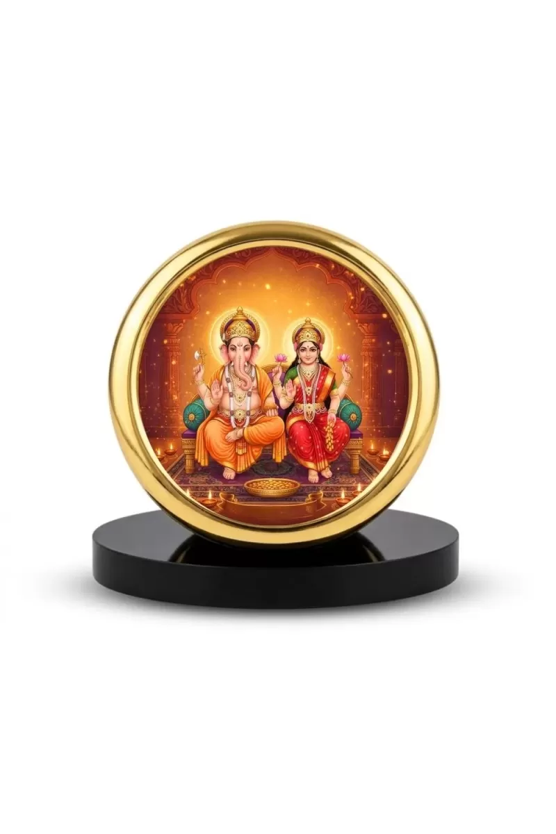 Car Desk/Table Top Ganesha And Lakshmi Metal Golden Photo Stand  2x2 Inches, Compact & Stylish Spiritual Display For Car, Home & Office (Pack Of 1) (F18665)