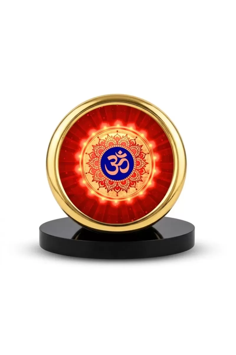 Car Desk/Table Top Om Symbol Metal Golden Photo Stand  2x2 Inches, Compact & Stylish Spiritual Display For Car, Home & Office (Pack Of 1) (F18673)