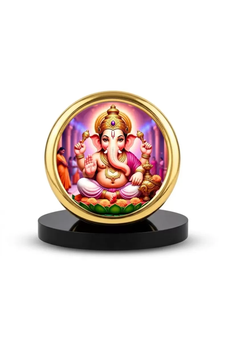 Car Desk/Table Top LOrd Ganesha Metal Golden Photo Stand  2x2 Inches, Compact & Stylish Spiritual Display For Car, Home & Office (Pack Of 1) (F18674)