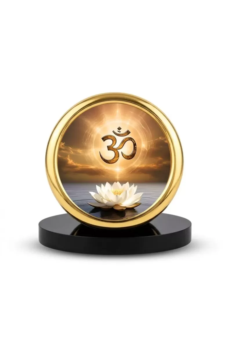 Car Desk/Table Top Om Symbol Metal Golden Photo Stand  2x2 Inches, Compact & Stylish Spiritual Display For Car, Home & Office (Pack Of 1) (F18677)