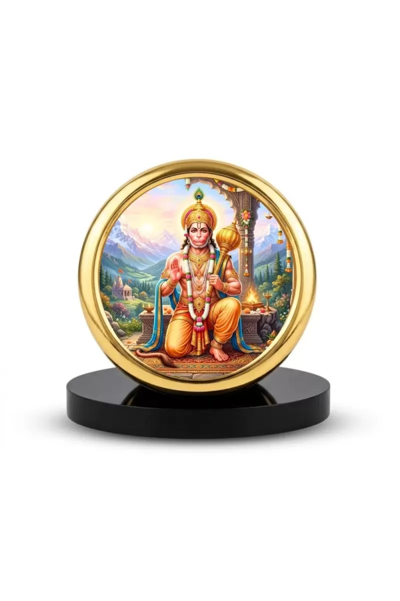 Car Desk/Table Top Lord Hanuman Metal Golden Photo Stand  2x2 Inches, Compact & Stylish Spiritual Display For Car, Home & Office (Pack Of 1) (F18678)