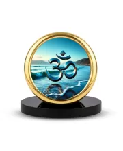 Car Desk/Table Top Om Symbol Metal Golden Photo Stand  2x2 Inches, Compact & Stylish Spiritual Display For Car, Home & Office (Pack Of 1) (F18679)
