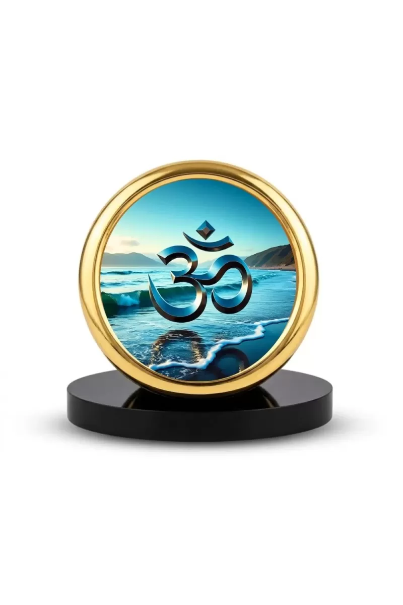 Car Desk/Table Top Om Symbol Metal Golden Photo Stand  2x2 Inches, Compact & Stylish Spiritual Display For Car, Home & Office (Pack Of 1) (F18679)
