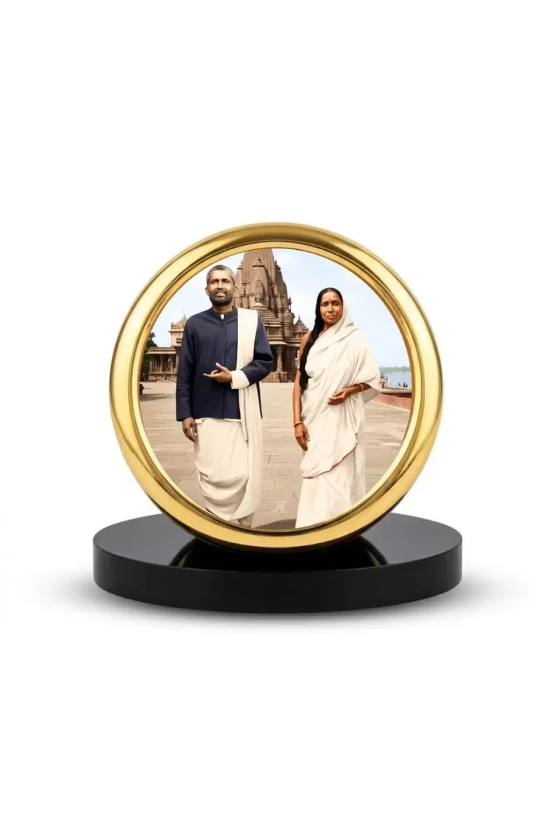 Car Desk/Table Top Ramakrishna Paramahamsa And Sarada Maa Metal Golden Photo Stand  2x2 Inches, Compact & Stylish Spiritual Display For Car, Home & Office (Pack Of 1) (F18688)