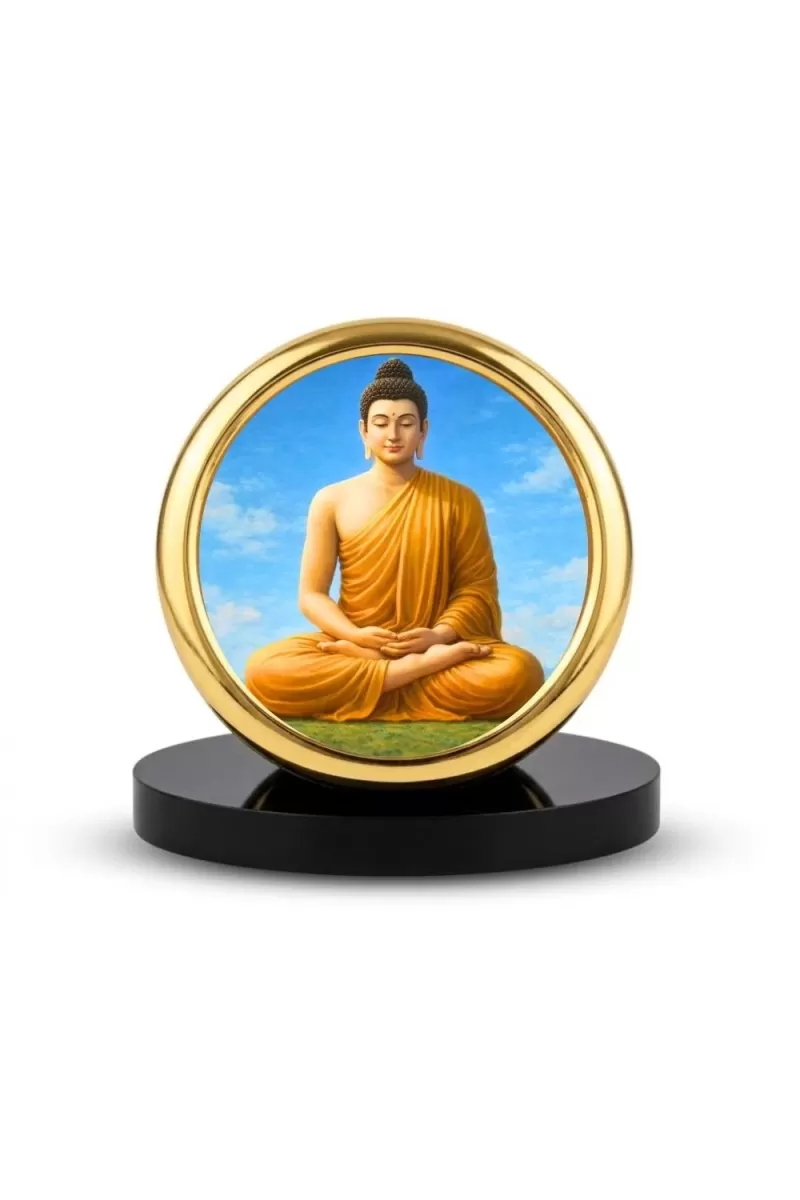 Car Desk/Table Top Buddha Metal Golden Photo Stand  2x2 Inches, Compact & Stylish Spiritual Display For Car, Home & Office (Pack Of 1) (F18691)