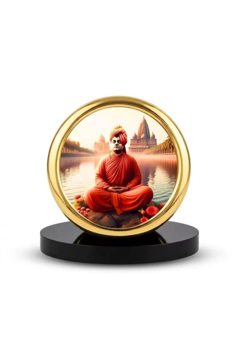 Car Desk/Table Top Swami Vivekananda Metal Golden Photo Stand  2x2 Inches, Compact & Stylish Spiritual Display For Car, Home & Office (Pack Of 1) (F18699)