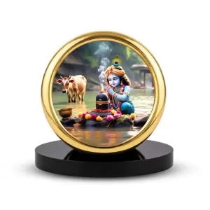 Car Desk/Table Top Lord Krishna Metal Golden Photo Stand 2x2 Inches, Compact & Stylish Spiritual Display For Car, Home & Office (Pack Of 1) (F18701) Car Desk/Table Top Lord Krishna Metal Golden Photo Stand 2x2 Inches, Compact & Stylish Spiritual Display For Car, Home & Office (Pack Of 1) (F18701)