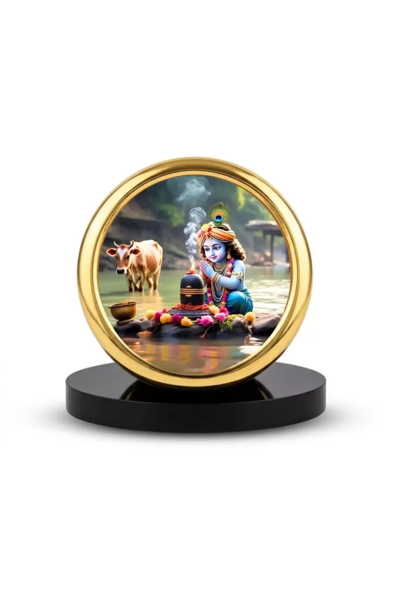 Car Desk/Table Top Lord Krishna Metal Golden Photo Stand  2x2 Inches, Compact & Stylish Spiritual Display For Car, Home & Office (Pack Of 1) (F18701)