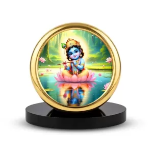 Car Desk/Table Top Lord Krishna Metal Golden Photo Stand  2x2 Inches, Compact & Stylish Spiritual Display For Car, Home & Office (Pack Of 1) (F18702)