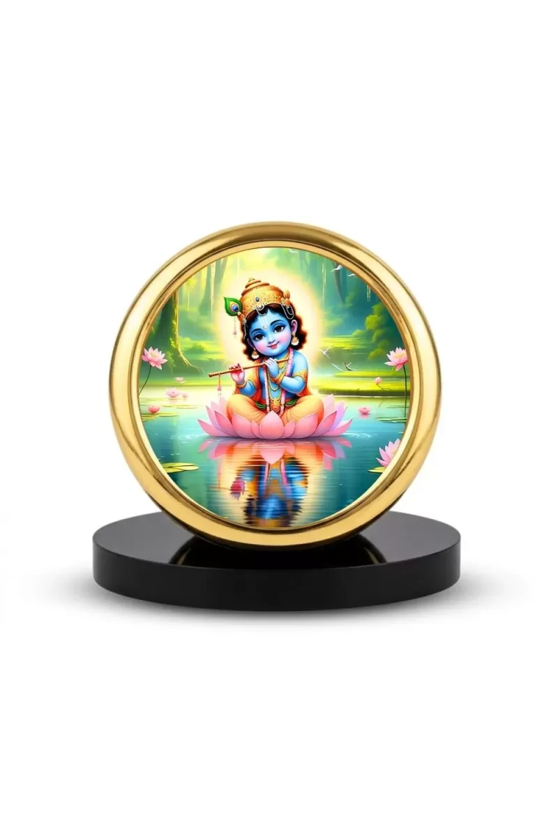 Car Desk/Table Top Lord Krishna Metal Golden Photo Stand  2x2 Inches, Compact & Stylish Spiritual Display For Car, Home & Office (Pack Of 1) (F18702)