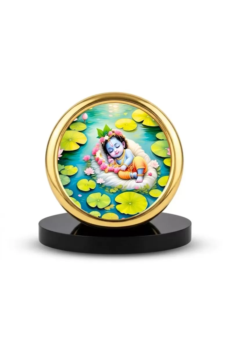 Car Desk/Table Top Lord Krishna Metal Golden Photo Stand  2x2 Inches, Compact & Stylish Spiritual Display For Car, Home & Office (Pack Of 1) (F18703)