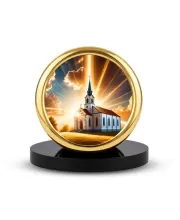 Car Desk/Table Top Beautiful Church Metal Golden Photo Stand  2x2 Inches, Compact & Stylish Spiritual Display For Car, Home & Office (Pack Of 1) (F18721)