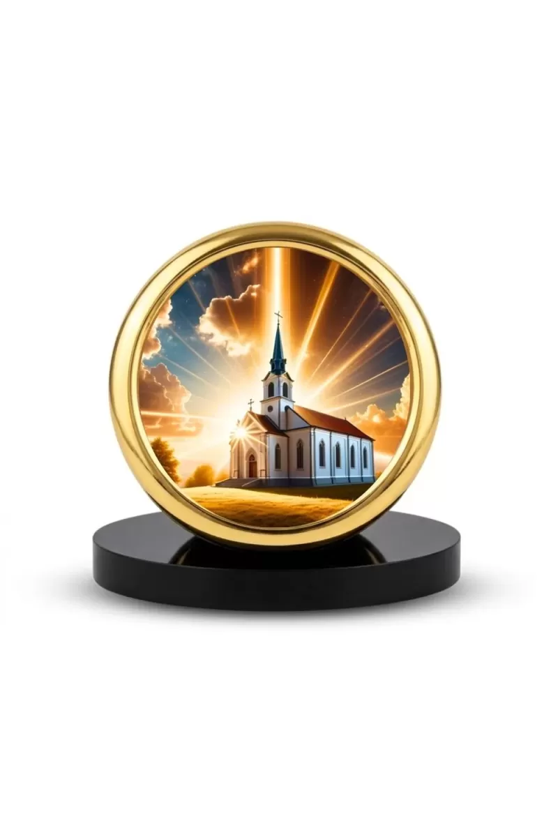 Car Desk/Table Top Beautiful Church Metal Golden Photo Stand  2x2 Inches, Compact & Stylish Spiritual Display For Car, Home & Office (Pack Of 1) (F18721)