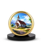 Car Desk/Table Top Beautiful Church Metal Golden Photo Stand  2x2 Inches, Compact & Stylish Spiritual Display For Car, Home & Office (Pack Of 1) (F18722)