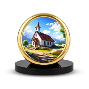 Car Desk/Table Top Beautiful Church Metal Golden Photo Stand  2x2 Inches, Compact & Stylish Spiritual Display For Car, Home & Office (Pack Of 1) (F18722)