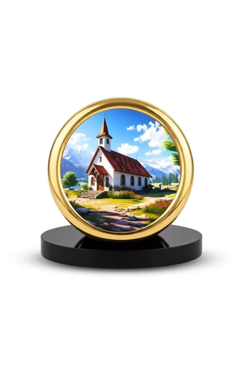 Car Desk/Table Top Beautiful Church Metal Golden Photo Stand  2x2 Inches, Compact & Stylish Spiritual Display For Car, Home & Office (Pack Of 1) (F18722)