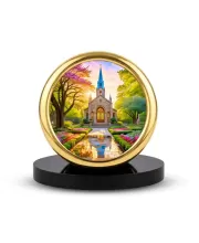 Car Desk/Table Top Beautiful Church Metal Golden Photo Stand  2x2 Inches, Compact & Stylish Spiritual Display For Car, Home & Office (Pack Of 1) (F18723)