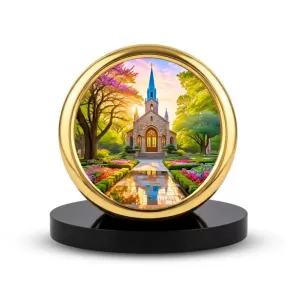 Car Desk/Table Top Beautiful Church Metal Golden Photo Stand  2x2 Inches, Compact & Stylish Spiritual Display For Car, Home & Office (Pack Of 1) (F18723)