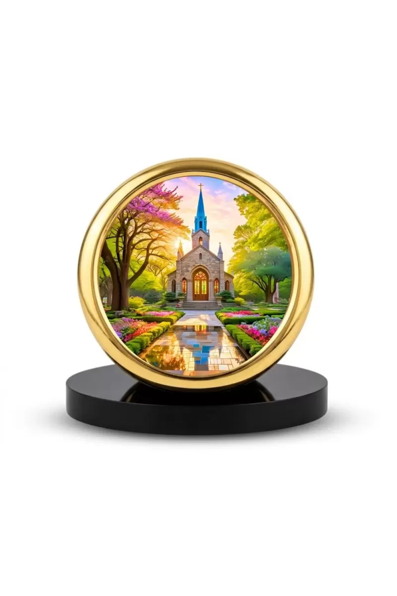 Car Desk/Table Top Beautiful Church Metal Golden Photo Stand  2x2 Inches, Compact & Stylish Spiritual Display For Car, Home & Office (Pack Of 1) (F18723)