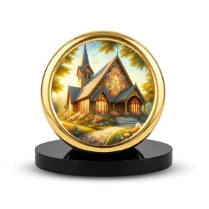 Car Desk/Table Top Beautiful Church Metal Golden Photo Stand  2x2 Inches, Compact & Stylish Spiritual Display For Car, Home & Office (Pack Of 1) (F18724)