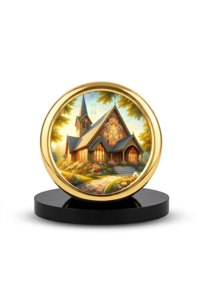 Car Desk/Table Top Beautiful Church Metal Golden Photo Stand  2x2 Inches, Compact & Stylish Spiritual Display For Car, Home & Office (Pack Of 1) (F18724)