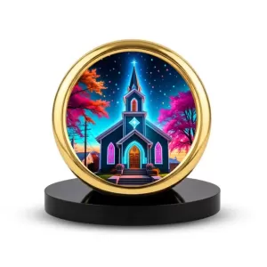 Car Desk/Table Top Beautiful Church Metal Golden Photo Stand  2x2 Inches, Compact & Stylish Spiritual Display For Car, Home & Office (Pack Of 1) (F18725)