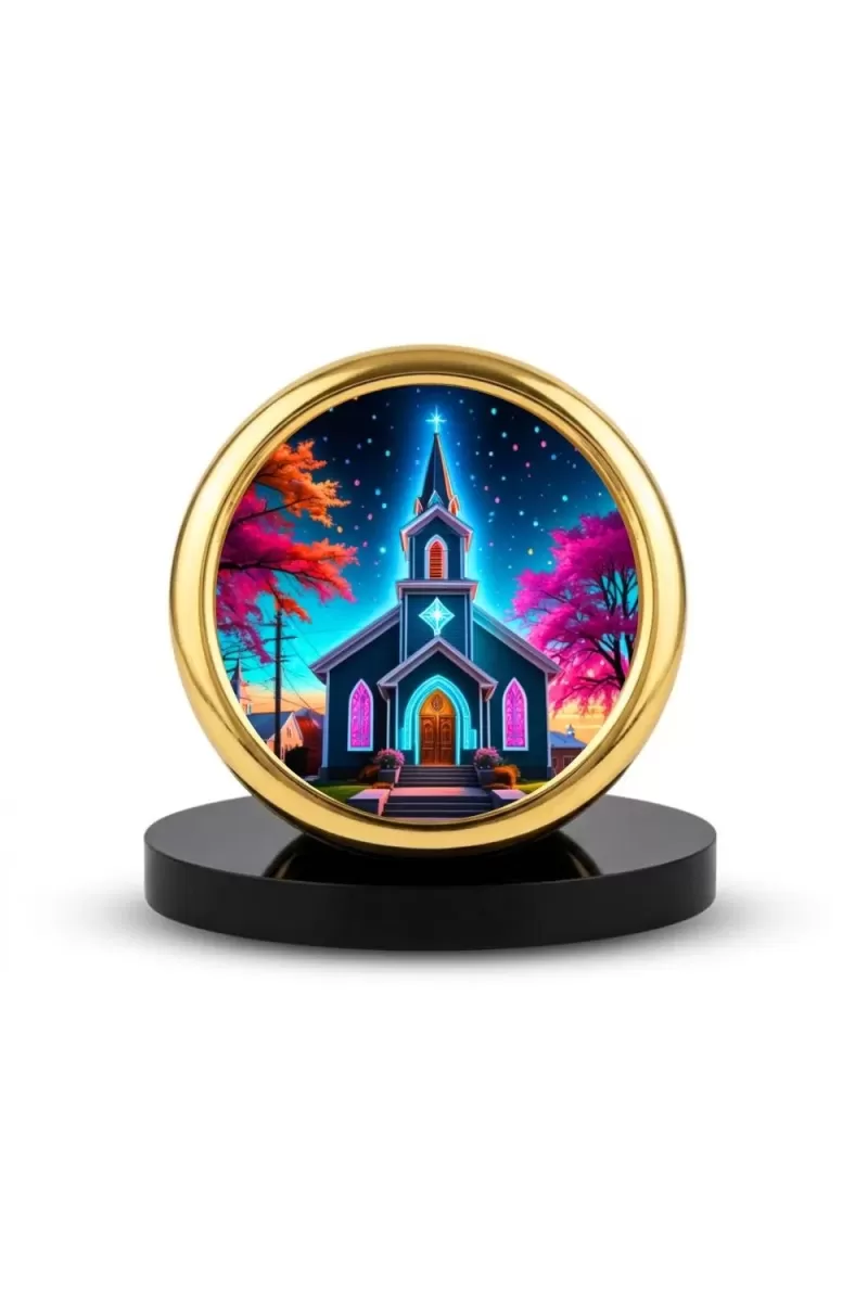 Car Desk/Table Top Beautiful Church Metal Golden Photo Stand  2x2 Inches, Compact & Stylish Spiritual Display For Car, Home & Office (Pack Of 1) (F18725)