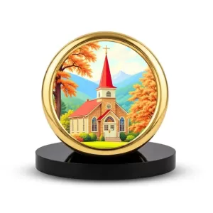 Car Desk/Table Top Beautiful Church Metal Golden Photo Stand  2x2 Inches, Compact & Stylish Spiritual Display For Car, Home & Office (Pack Of 1) (F18726)