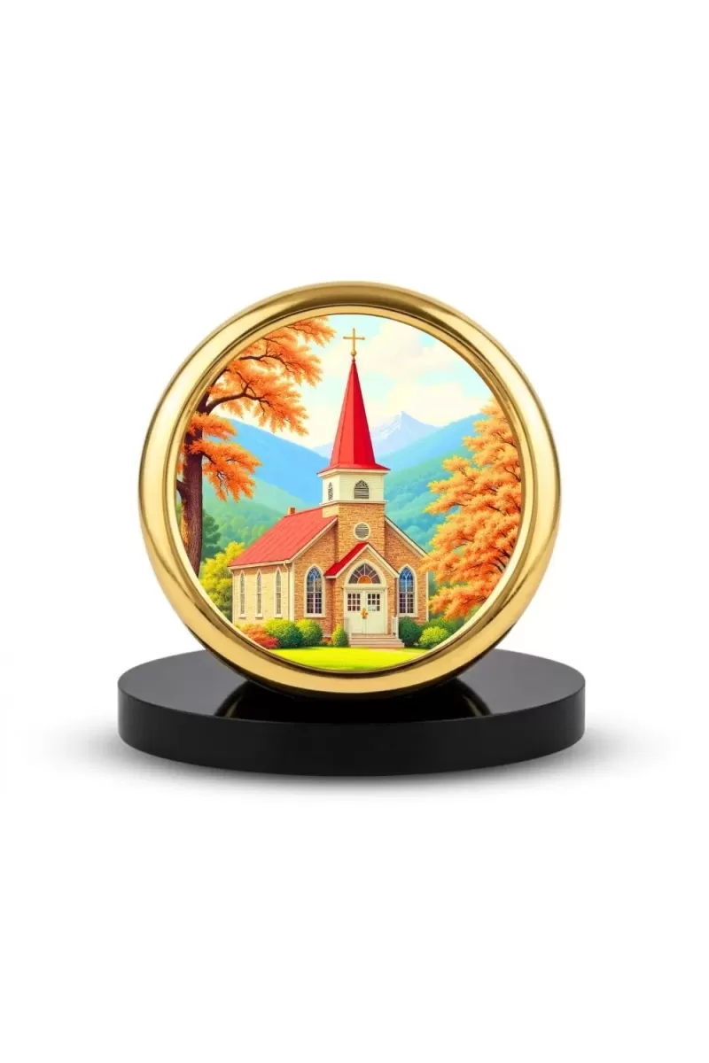 Car Desk/Table Top Beautiful Church Metal Golden Photo Stand  2x2 Inches, Compact & Stylish Spiritual Display For Car, Home & Office (Pack Of 1) (F18726)
