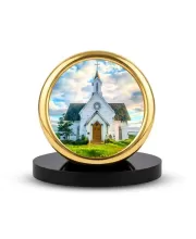 Car Desk/Table Top Beautiful Church Metal Golden Photo Stand  2x2 Inches, Compact & Stylish Spiritual Display For Car, Home & Office (Pack Of 1) (F18727)