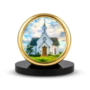 Car Desk/Table Top Beautiful Church Metal Golden Photo Stand  2x2 Inches, Compact & Stylish Spiritual Display For Car, Home & Office (Pack Of 1) (F18727)