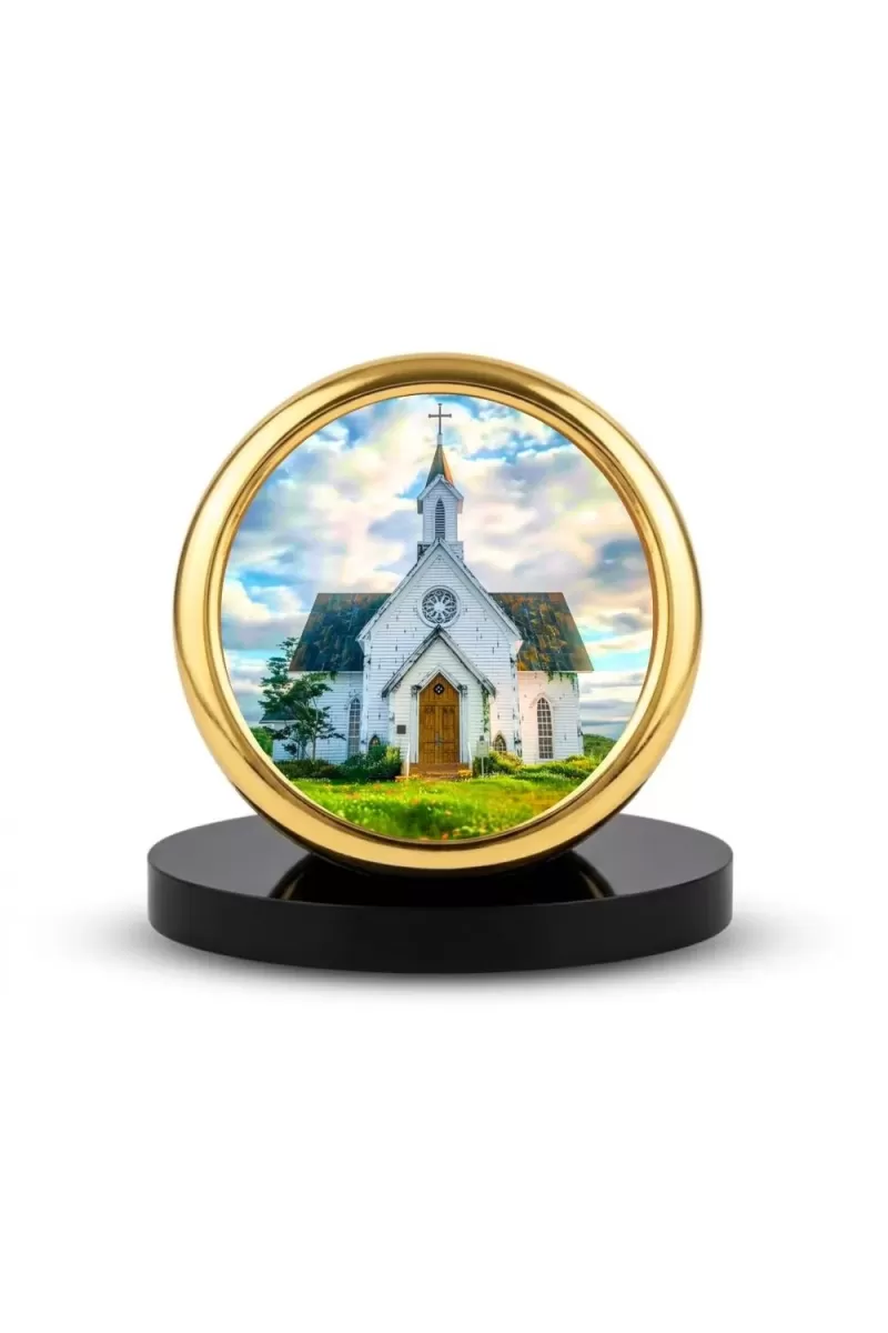 Car Desk/Table Top Beautiful Church Metal Golden Photo Stand  2x2 Inches, Compact & Stylish Spiritual Display For Car, Home & Office (Pack Of 1) (F18727)