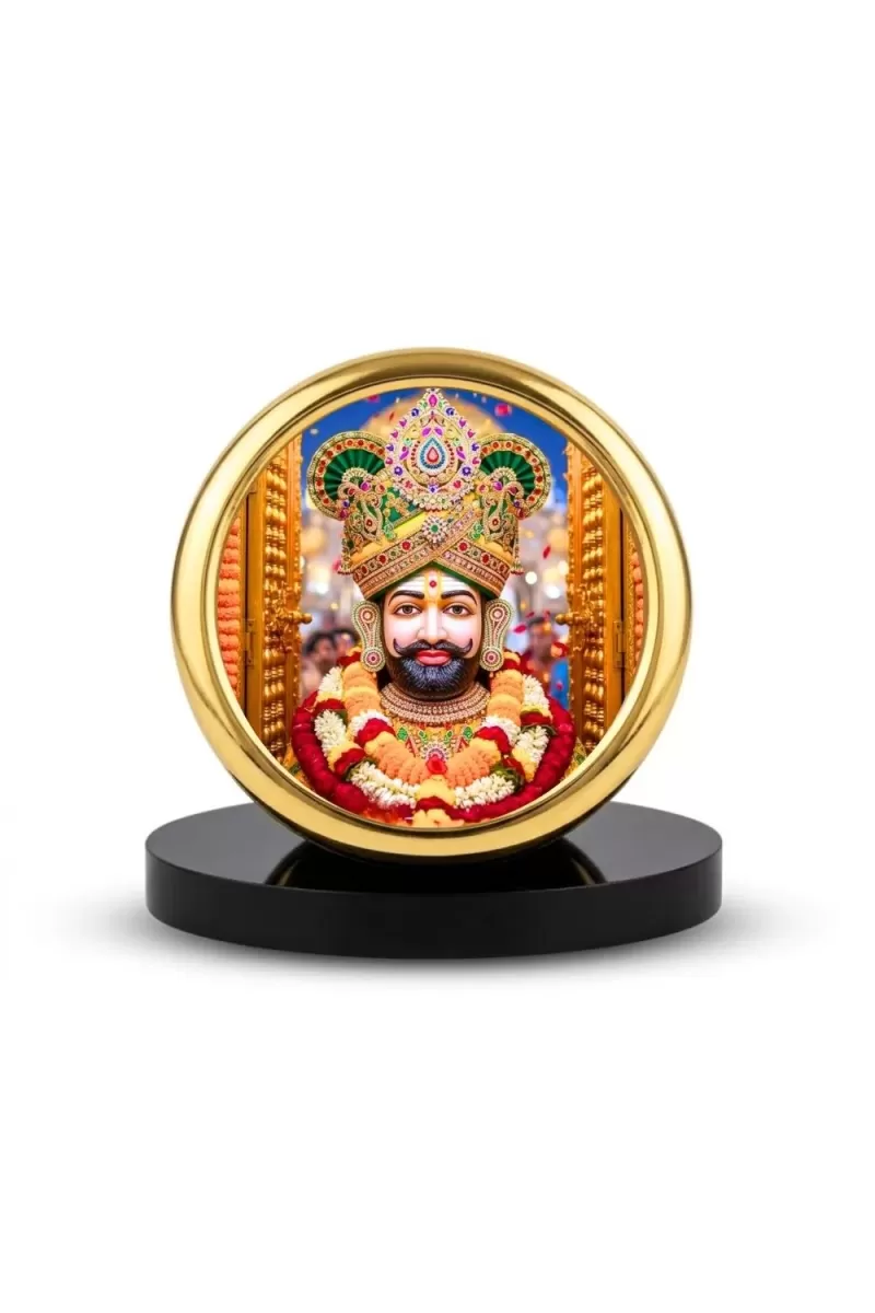 Car Desk/Table Top  Lord Khatu Shyam Ji  Metal Golden Photo Stand  2x2 Inches, Compact & Stylish Spiritual Display For Car, Home & Office (Pack Of 1) (F18732)