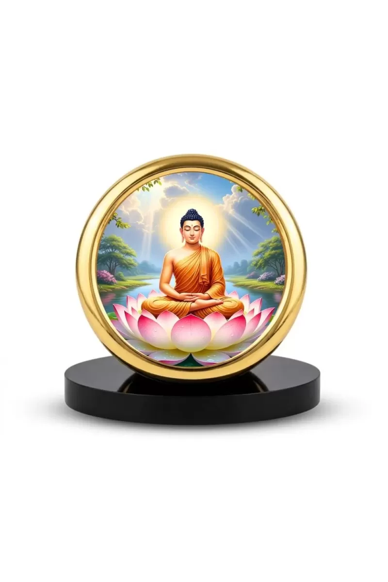 Car Desk/Table Top Serene Buddha Metal Golden Photo Stand  2x2 Inches, Compact & Stylish Spiritual Display For Car, Home & Office (Pack Of 1) (F18737)