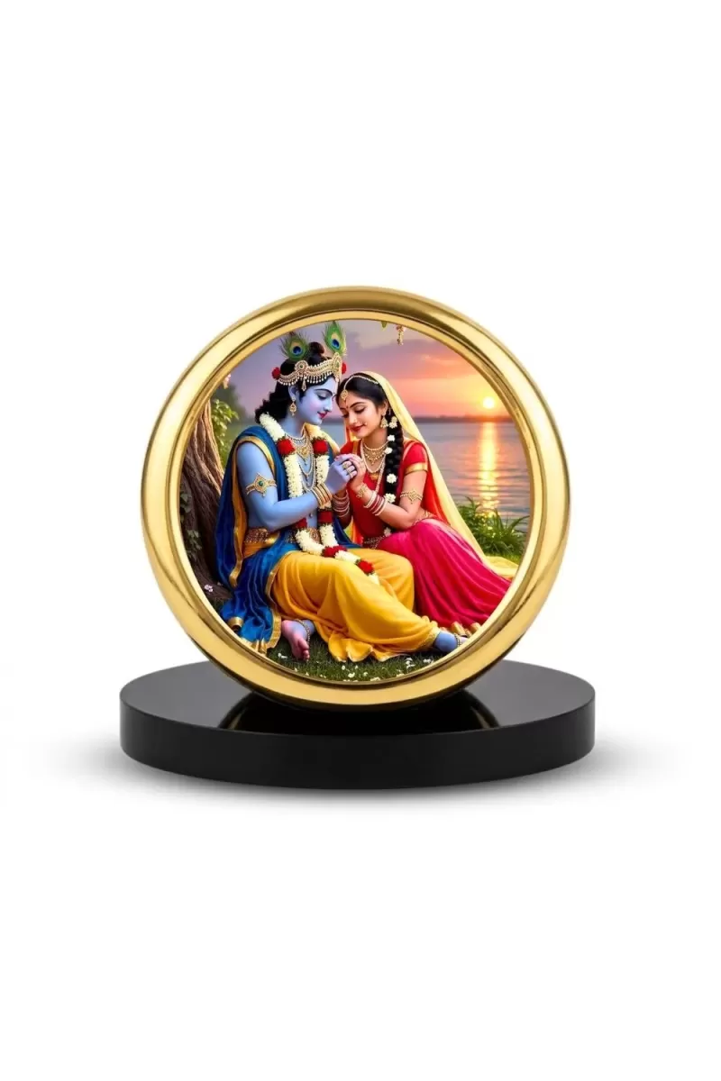Car Desk/Table Top Radha Krishna Metal Golden Photo Stand  2x2 Inches, Compact & Stylish Spiritual Display For Car, Home & Office (Pack Of 1) (F18738)