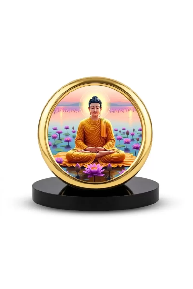 Car Desk/Table Top Lord Buddha Metal Golden Photo Stand  2x2 Inches, Compact & Stylish Spiritual Display For Car, Home & Office (Pack Of 1) (F18739)