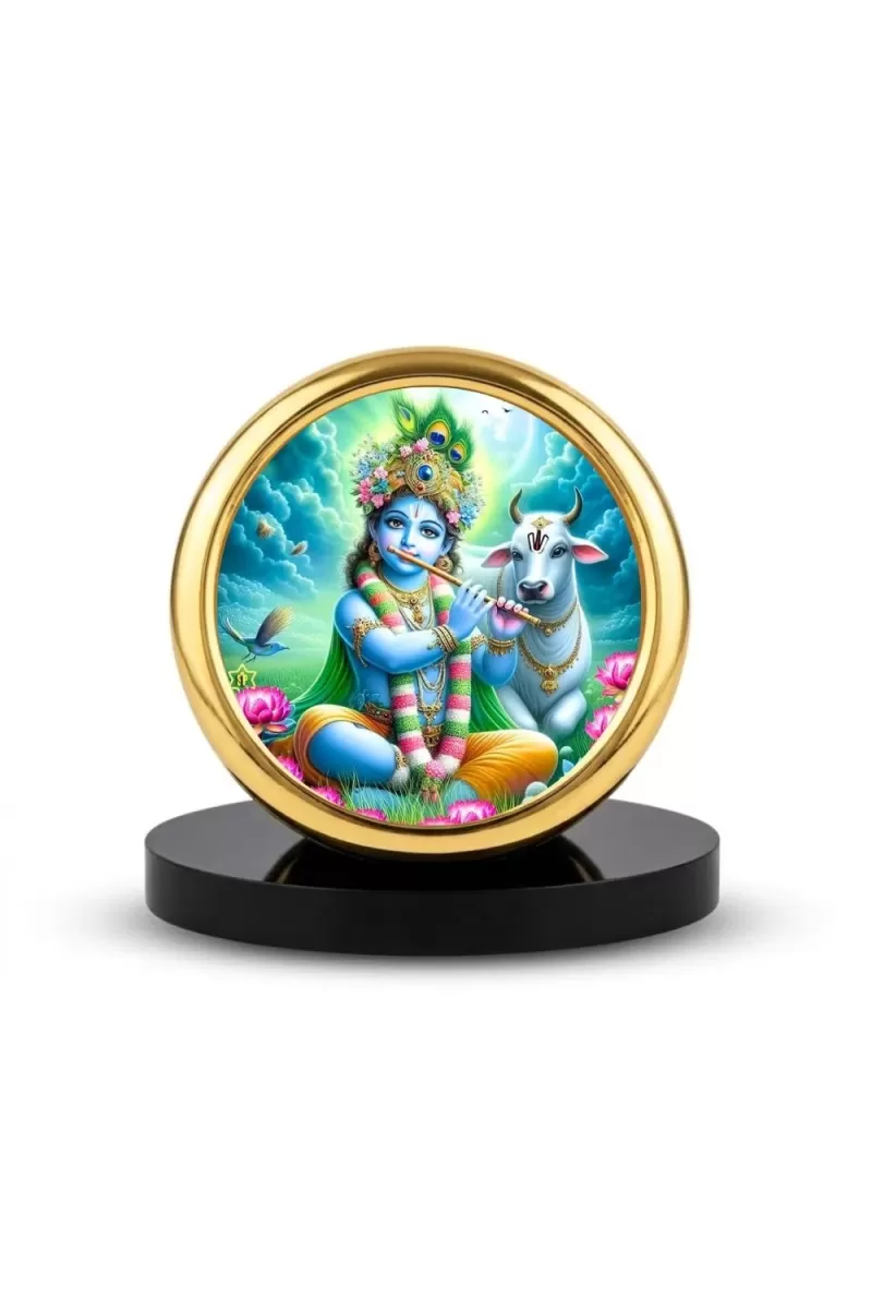 Car Desk/Table Top Lord Krishna Metal Golden Photo Stand  2x2 Inches, Compact & Stylish Spiritual Display For Car, Home & Office (Pack Of 1) (F18742)