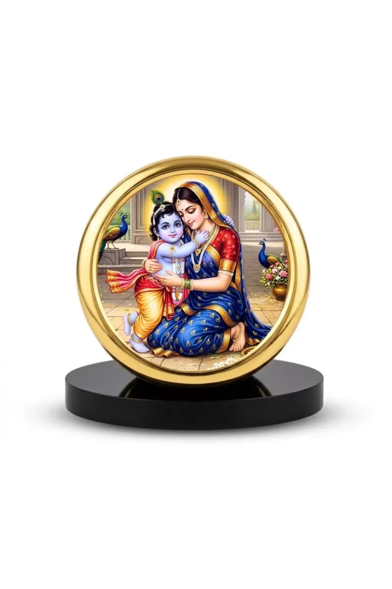 Car Desk/Table Top Lord Krishna With Yashodha Metal Golden Photo Stand  2x2 Inches, Compact & Stylish Spiritual Display For Car, Home & Office (Pack Of 1) (F18743)