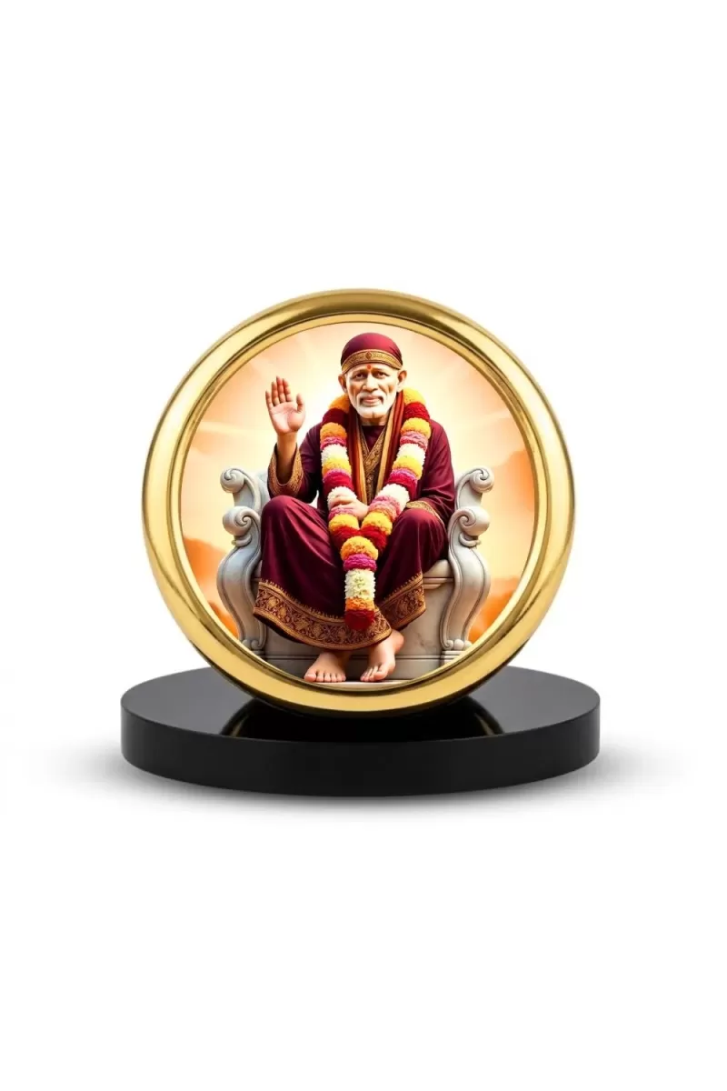 Car Desk/Table Top Lord Saibaba Metal Golden Photo Stand  2x2 Inches, Compact & Stylish Spiritual Display For Car, Home & Office (Pack Of 1) (F18761)