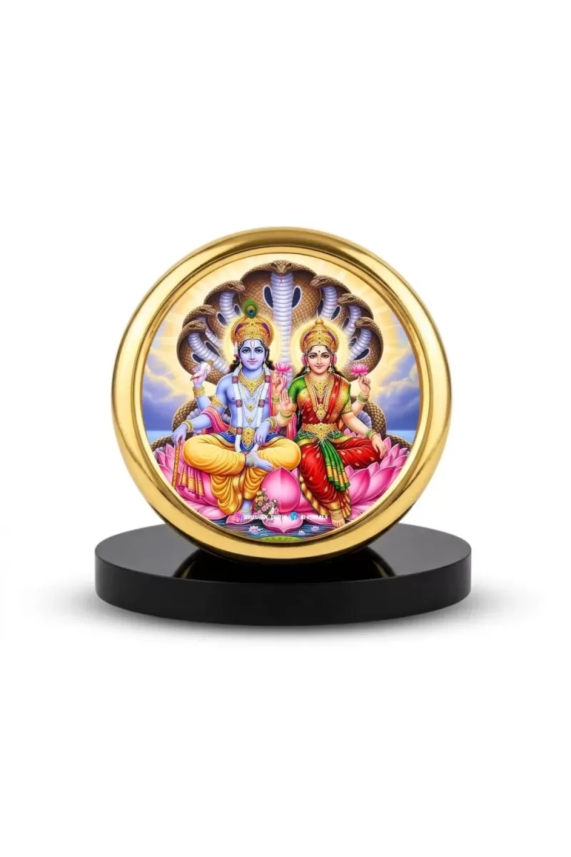 Car Desk/Table Top Lord Vishnu Lakshmi Metal Golden Photo Stand  2x2 Inches, Compact & Stylish Spiritual Display For Car, Home & Office (Pack Of 1) (F18763)