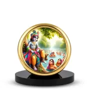 Car Desk/Table Top Lord Krishna Metal Golden Photo Stand  2x2 Inches, Compact & Stylish Spiritual Display For Car, Home & Office (Pack Of 1) (F18764)