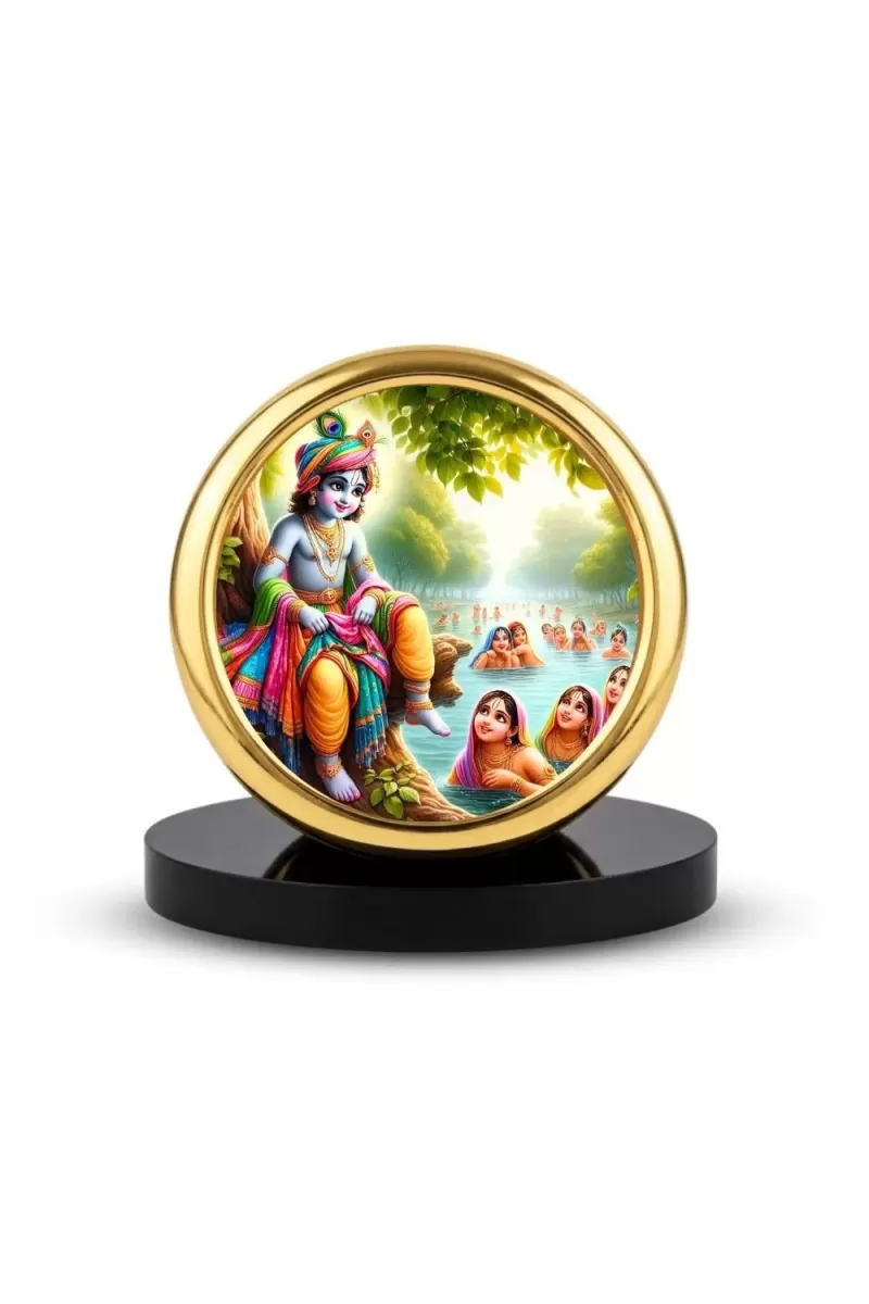 Car Desk/Table Top Lord Krishna Metal Golden Photo Stand  2x2 Inches, Compact & Stylish Spiritual Display For Car, Home & Office (Pack Of 1) (F18764)