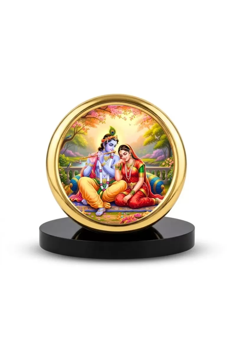 Car Desk/Table Top Radha Krishna Metal Golden Photo Stand  2x2 Inches, Compact & Stylish Spiritual Display For Car, Home & Office (Pack Of 1) (F18783)