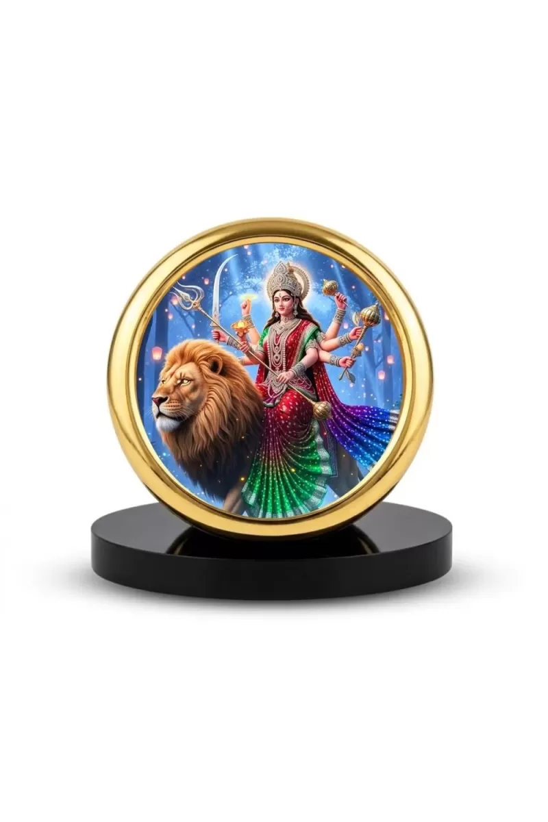 Car Desk/Table Top Durga Matha Metal Golden Photo Stand  2x2 Inches, Compact & Stylish Spiritual Display For Car, Home & Office (Pack Of 1) (F18785)