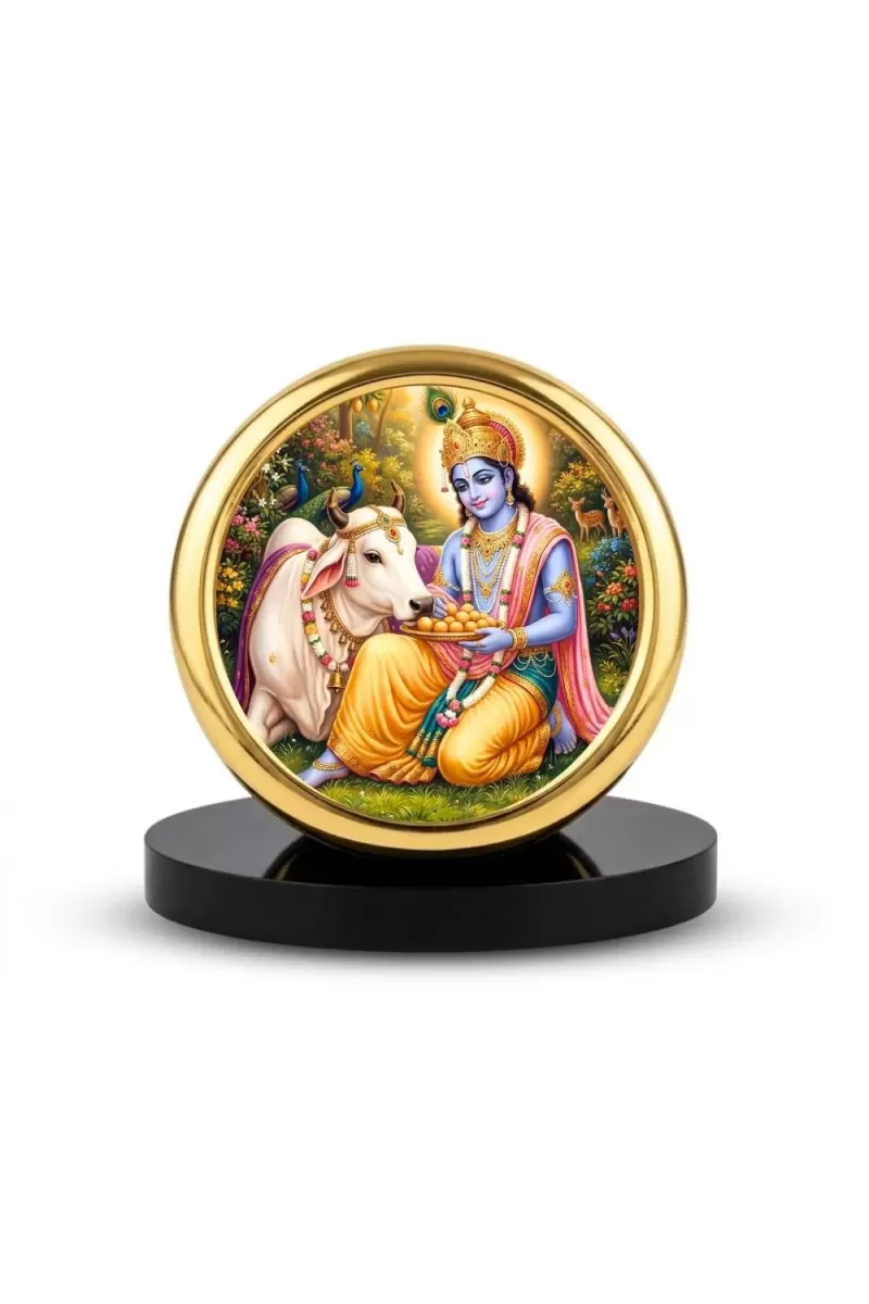 Car Desk/Table Top Lord Krishna Metal Golden Photo Stand  2x2 Inches, Compact & Stylish Spiritual Display For Car, Home & Office (Pack Of 1) (F18786)